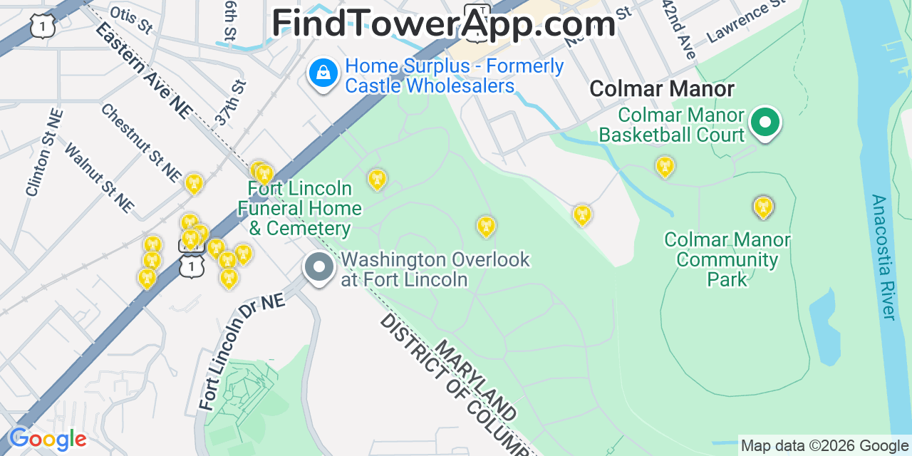 Map showing the 20 primary cell tower locations detected in Cottage City, Maryland from AT&T, Verizon, and T-Mobile networks