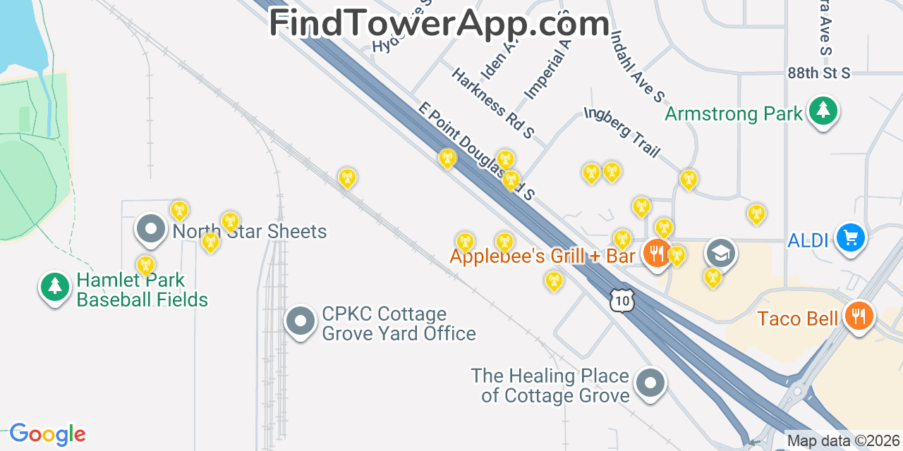 Map showing the 20 primary cell tower locations detected in Cottage Grove, Minnesota from AT&T, Verizon, and T-Mobile networks