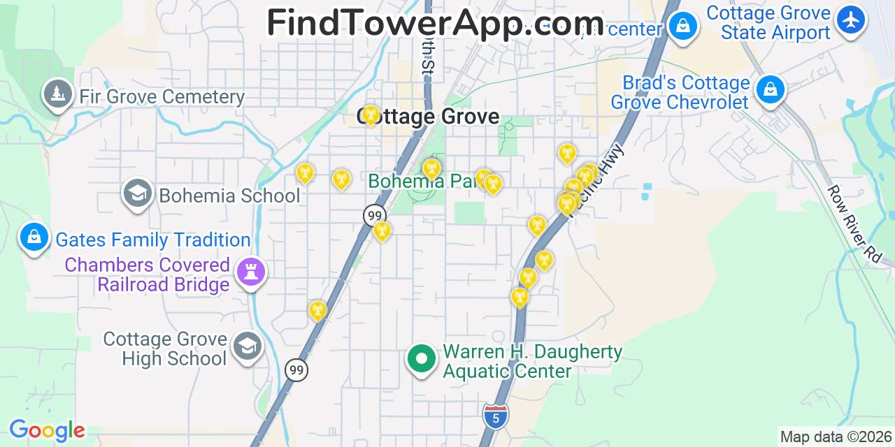 Map showing the 20 primary cell tower locations detected in Cottage Grove, Oregon from AT&T, Verizon, and T-Mobile networks