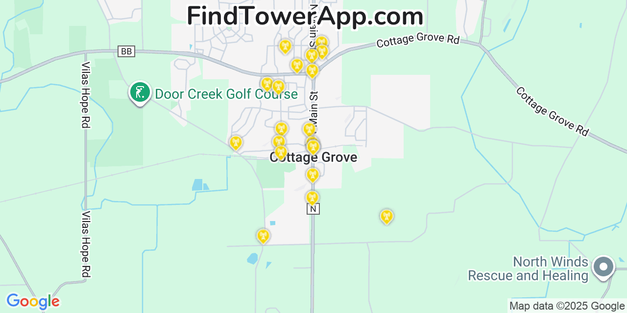 Map showing the 20 primary cell tower locations detected in Cottage Grove, Wisconsin from AT&T, Verizon, and T-Mobile networks