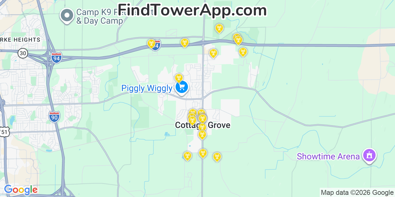 Map showing the 20 primary cell tower locations detected in Cottage Grove, Wisconsin from AT&T, Verizon, and T-Mobile networks