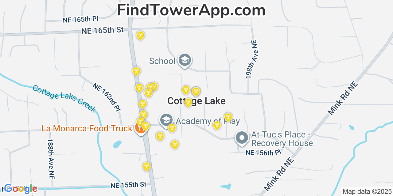 Map showing the 20 primary cell tower locations detected in Cottage Lake, Washington from AT&T, Verizon, and T-Mobile networks