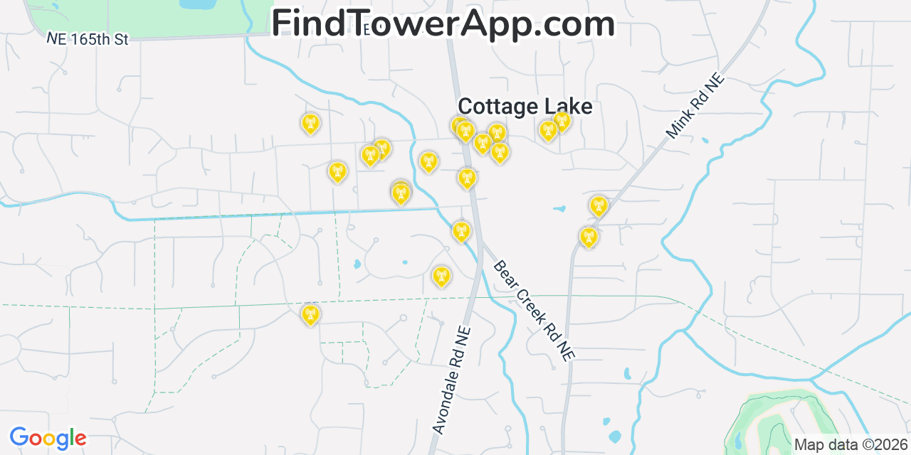 Map showing the 20 primary cell tower locations detected in Cottage Lake, Washington from AT&T, Verizon, and T-Mobile networks
