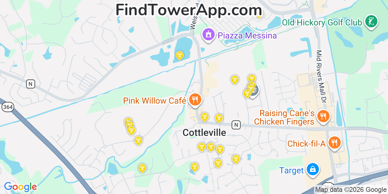 Map showing the 20 primary cell tower locations detected in Cottleville, Missouri from AT&T, Verizon, and T-Mobile networks