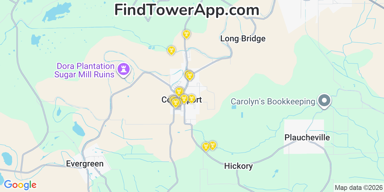 Map showing the 20 primary cell tower locations detected in Cottonport, Louisiana from AT&T, Verizon, and T-Mobile networks