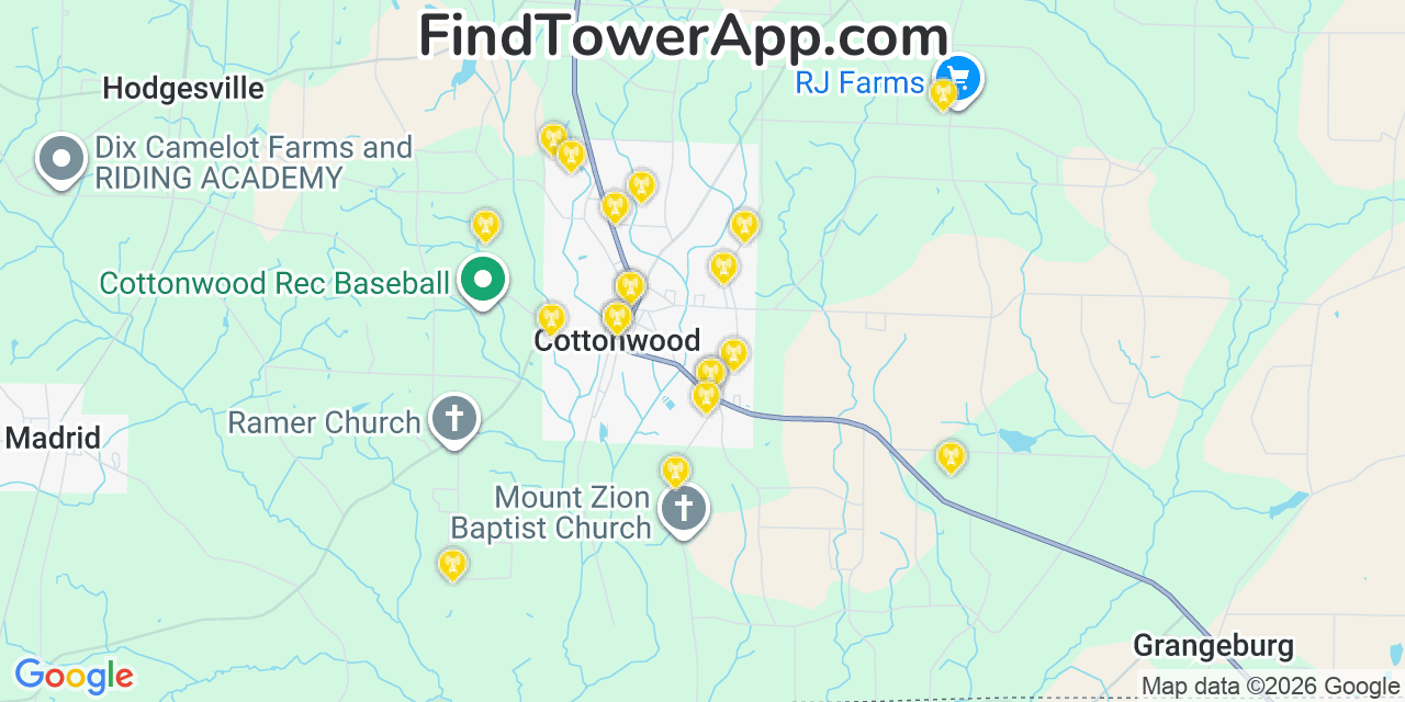 Map showing the 20 primary cell tower locations detected in Cottonwood, Alabama from AT&T, Verizon, and T-Mobile networks