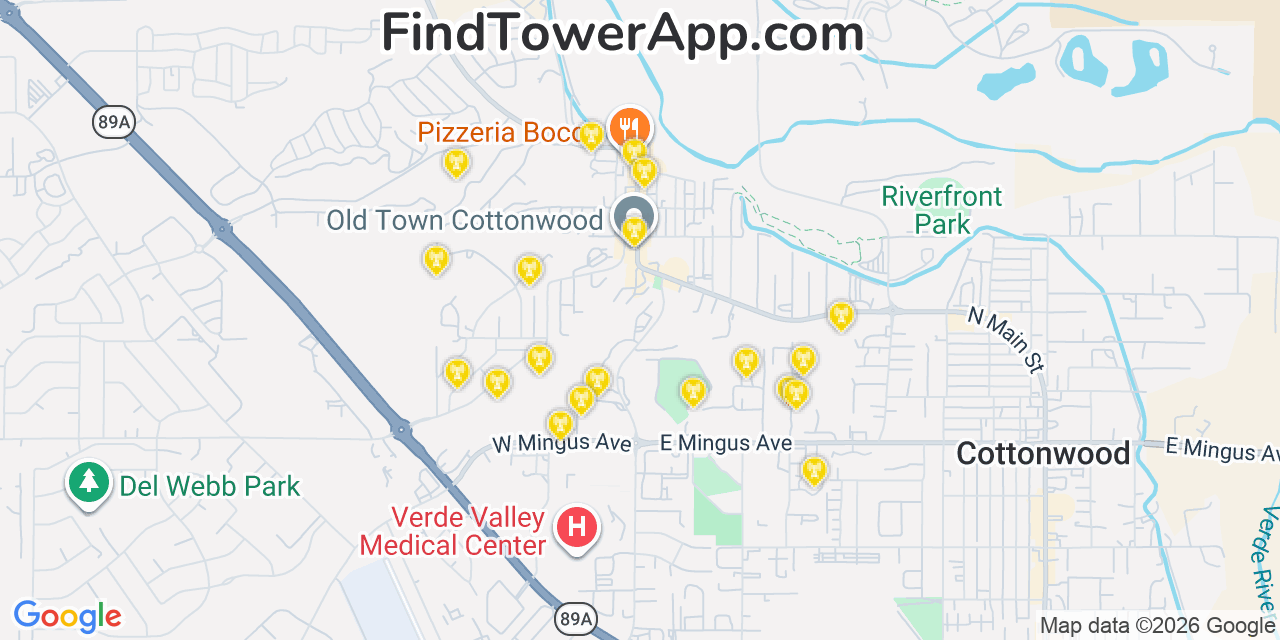 Map showing the 20 primary cell tower locations detected in Cottonwood, Arizona from AT&T, Verizon, and T-Mobile networks