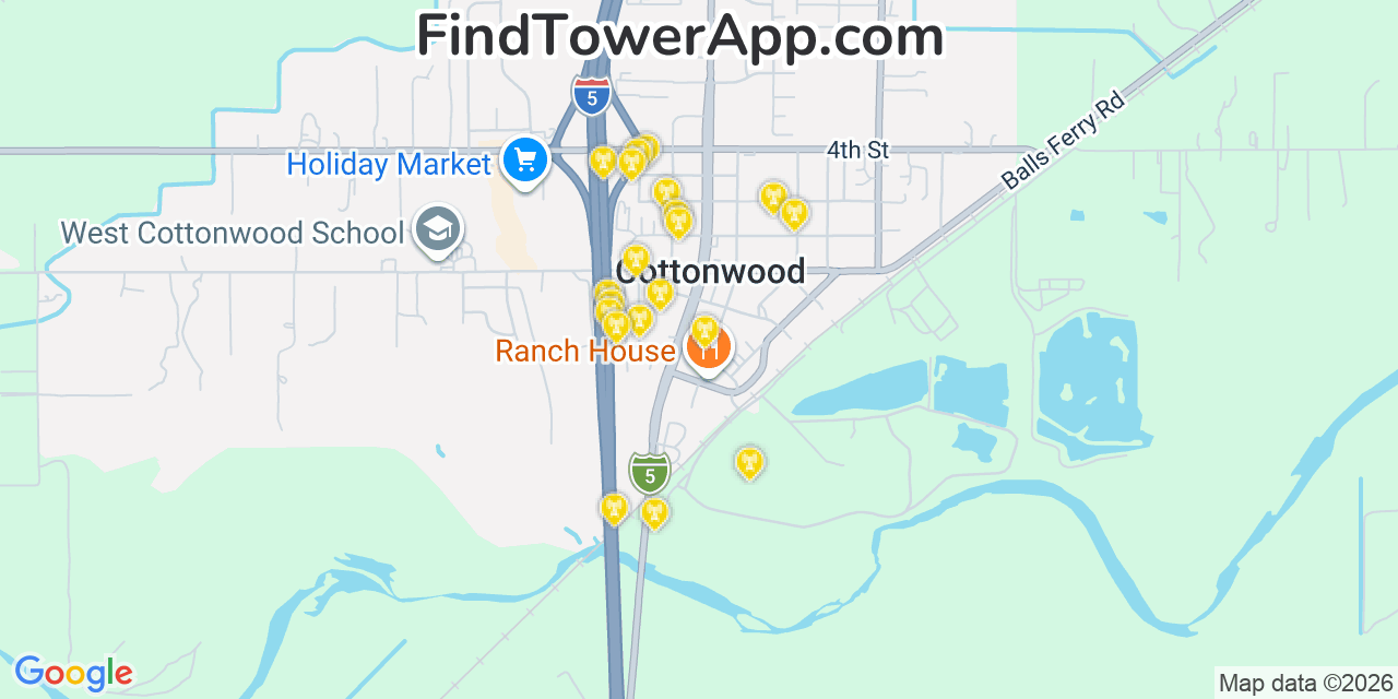 Map showing the 20 primary cell tower locations detected in Cottonwood, California from AT&T, Verizon, and T-Mobile networks