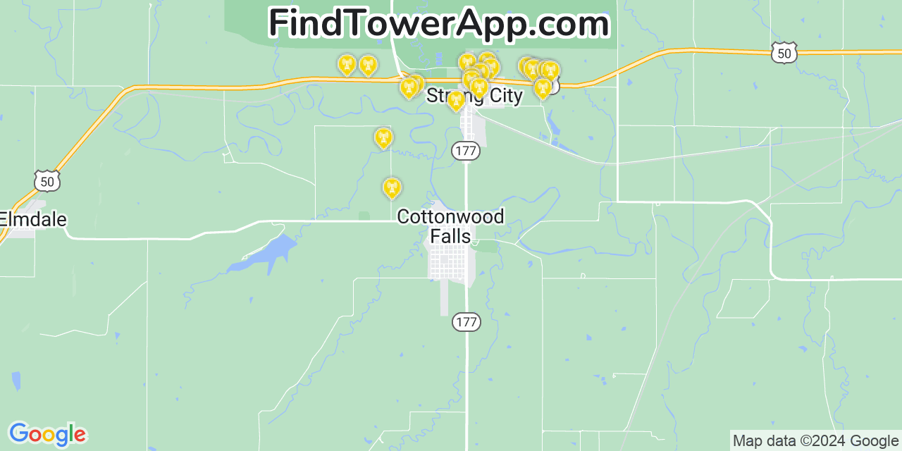 AT&T 4G/5G cell tower coverage map Cottonwood Falls, Kansas