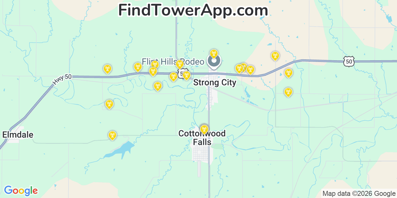 Map showing the 20 primary cell tower locations detected in Cottonwood Falls, Kansas from AT&T, Verizon, and T-Mobile networks