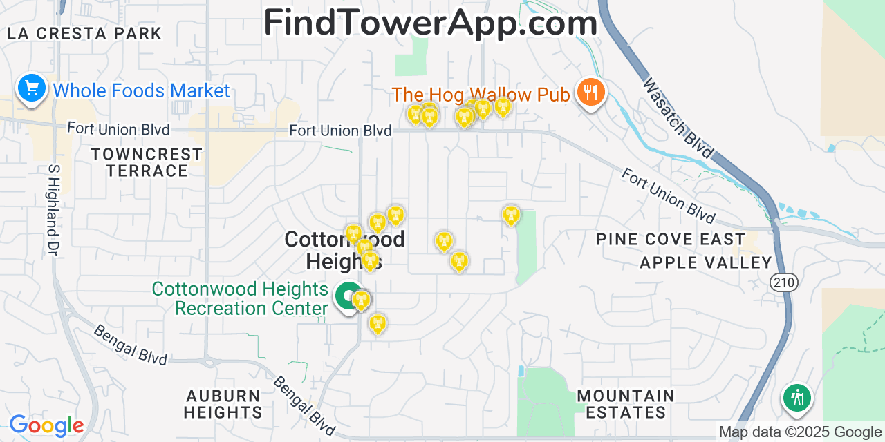 Map showing the 20 primary cell tower locations detected in Cottonwood Heights, Utah from AT&T, Verizon, and T-Mobile networks