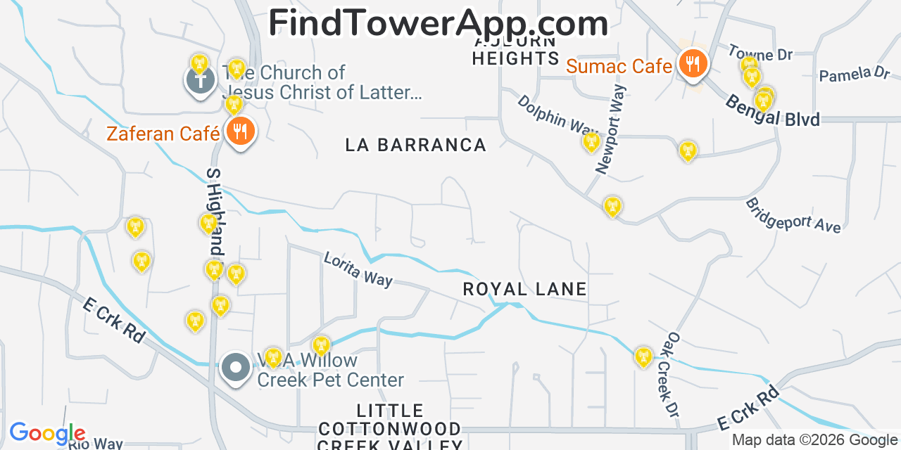 Map showing the 20 primary cell tower locations detected in Cottonwood Heights, Utah from AT&T, Verizon, and T-Mobile networks