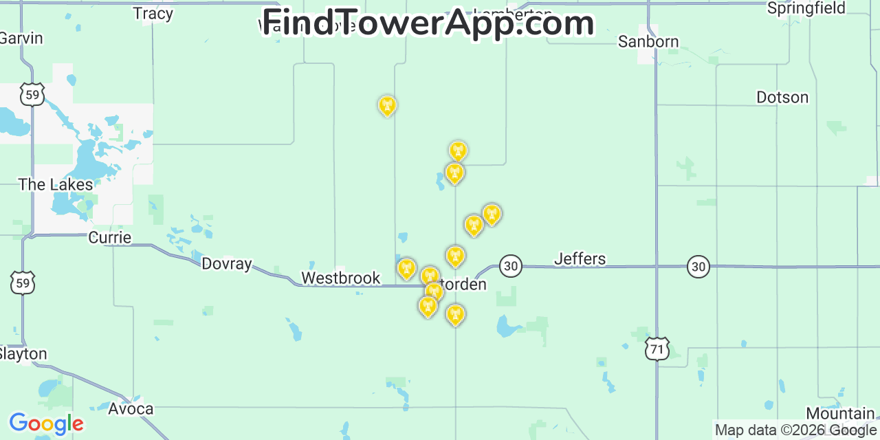 Map showing the 20 primary cell tower locations detected in Cottonwood, Minnesota from AT&T, Verizon, and T-Mobile networks