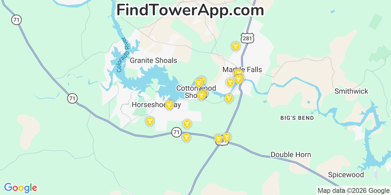 Map showing the 20 primary cell tower locations detected in Cottonwood Shores, Texas from AT&T, Verizon, and T-Mobile networks