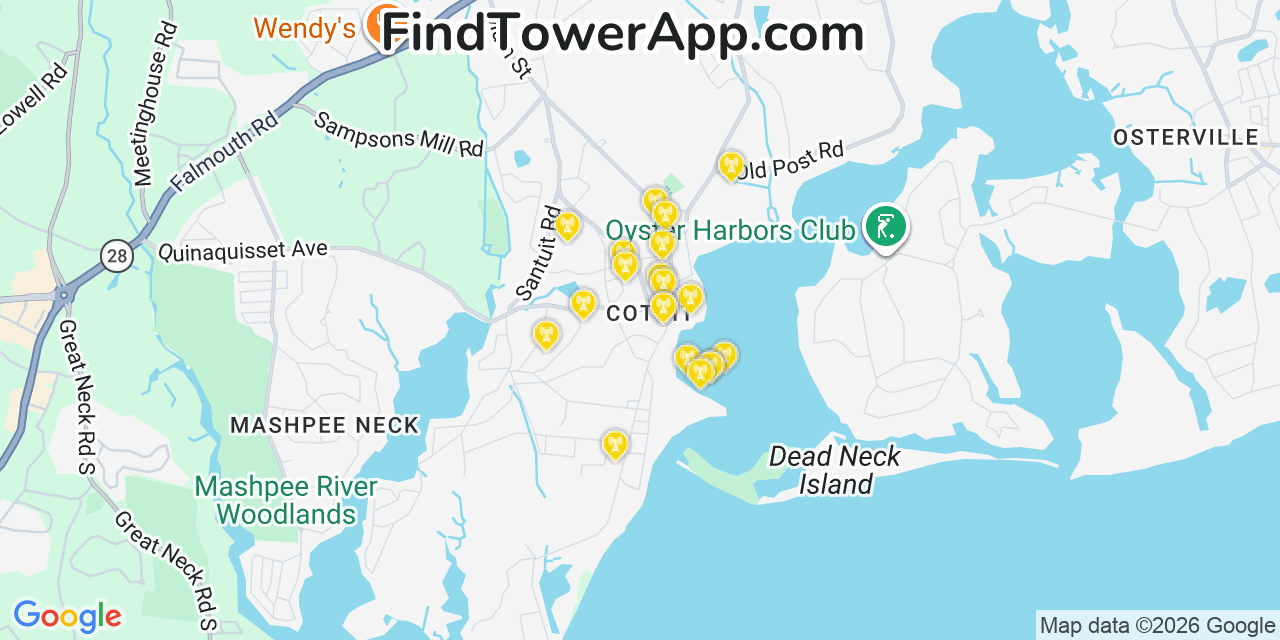 Map showing the 20 primary cell tower locations detected in Cotuit, Massachusetts from AT&T, Verizon, and T-Mobile networks