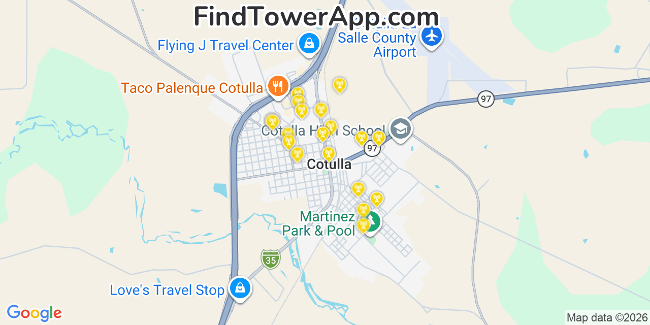 Map showing the 20 primary cell tower locations detected in Cotulla, Texas from AT&T, Verizon, and T-Mobile networks