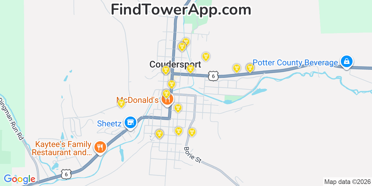 Map showing the 20 primary cell tower locations detected in Coudersport, Pennsylvania from AT&T, Verizon, and T-Mobile networks
