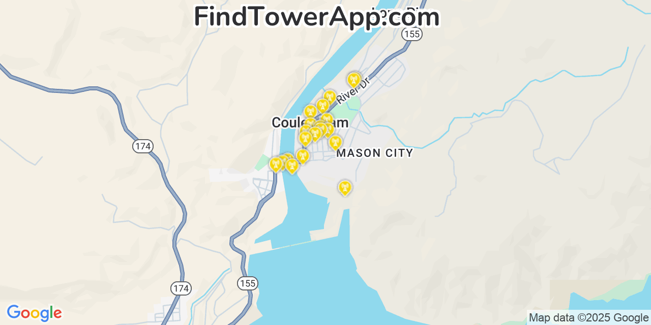 Map showing the 20 primary cell tower locations detected in Coulee Dam, Washington from AT&T, Verizon, and T-Mobile networks