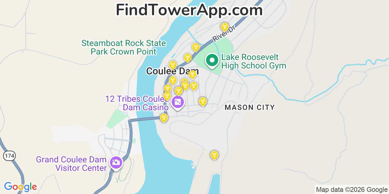 Map showing the 20 primary cell tower locations detected in Coulee Dam, Washington from AT&T, Verizon, and T-Mobile networks