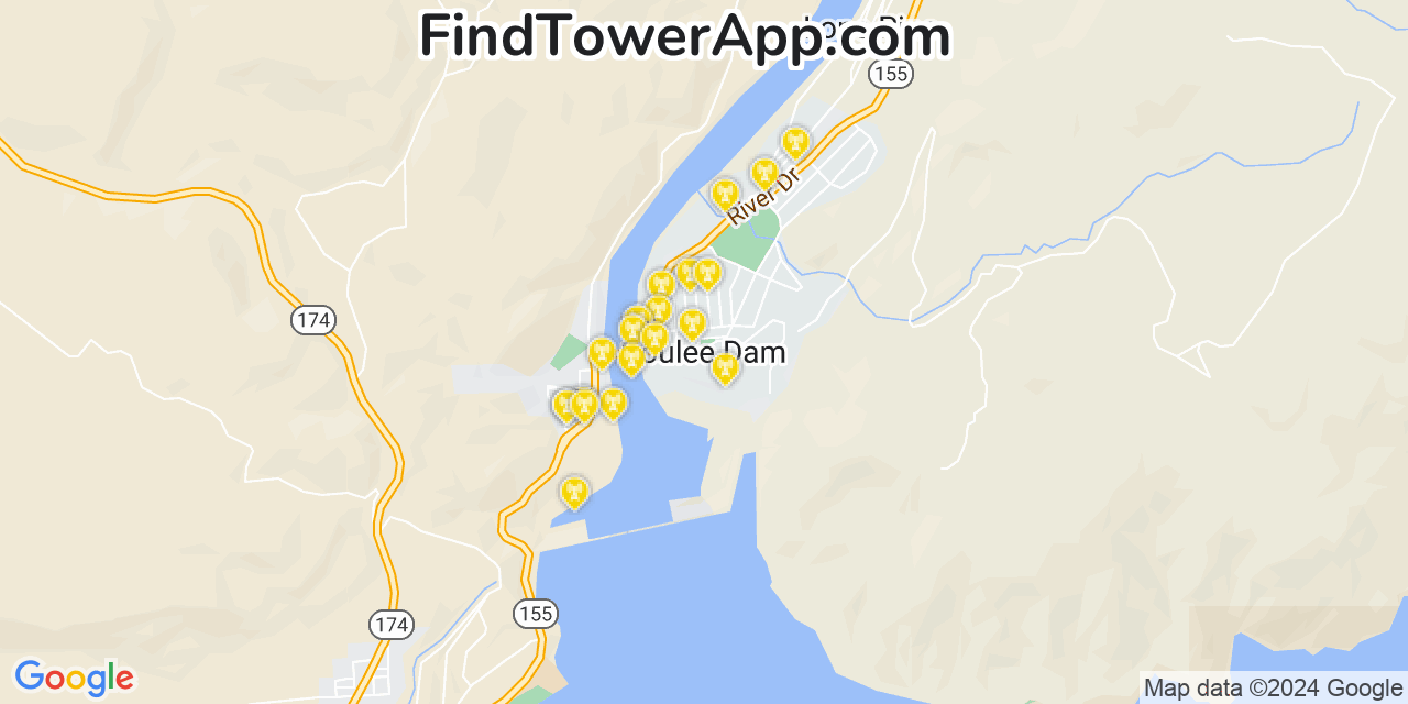 Verizon 4G/5G cell tower coverage map Coulee Dam, Washington