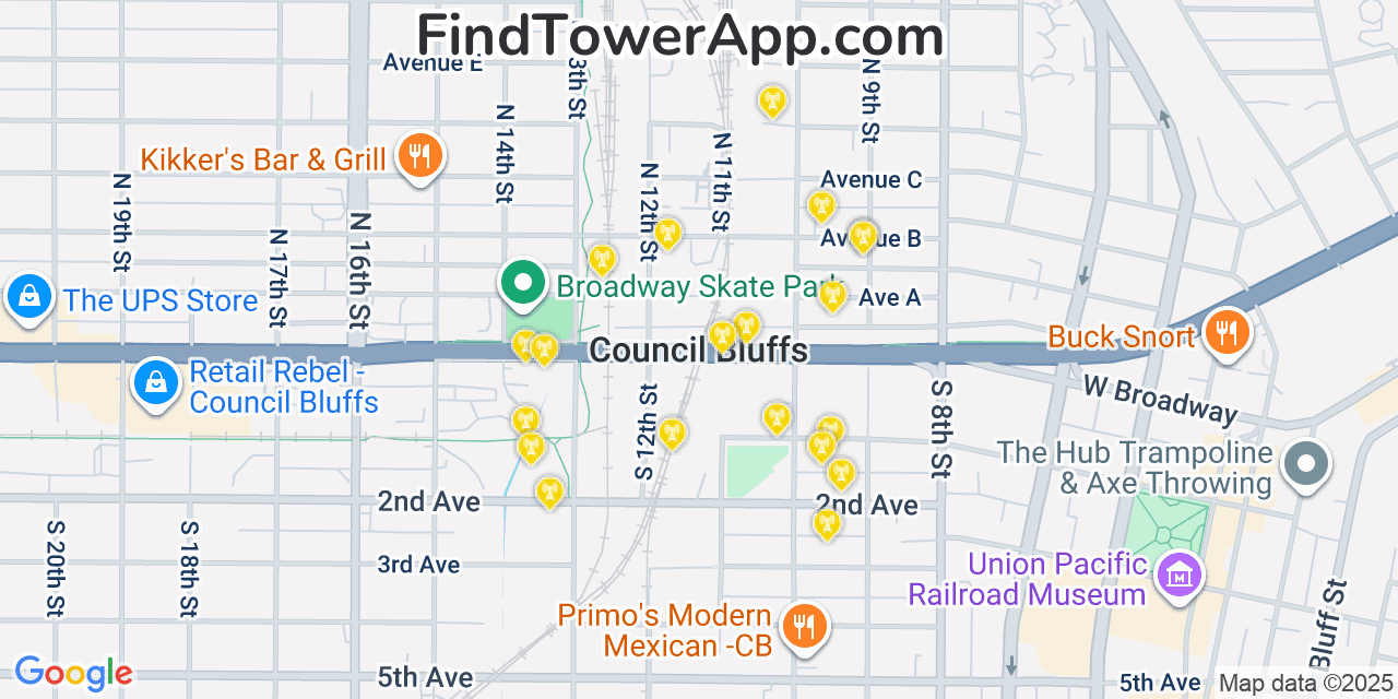Map showing the 20 primary cell tower locations detected in Council Bluffs, Iowa from AT&T, Verizon, and T-Mobile networks
