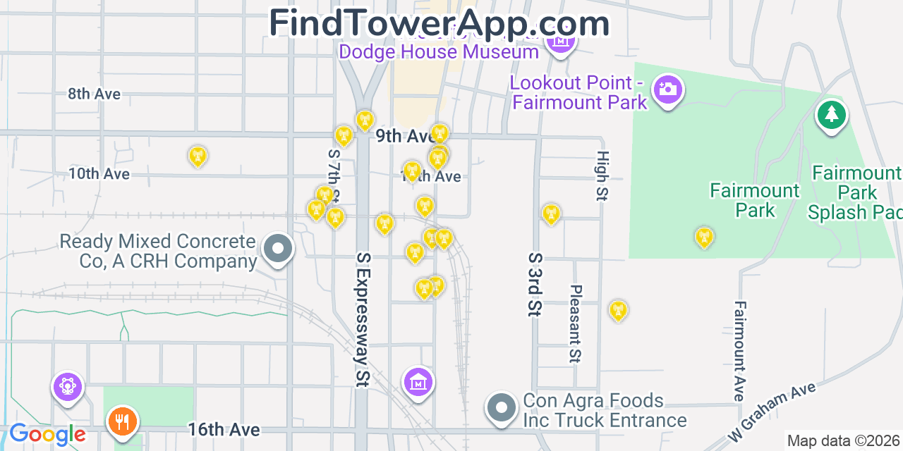 Map showing the 20 primary cell tower locations detected in Council Bluffs, Iowa from AT&T, Verizon, and T-Mobile networks