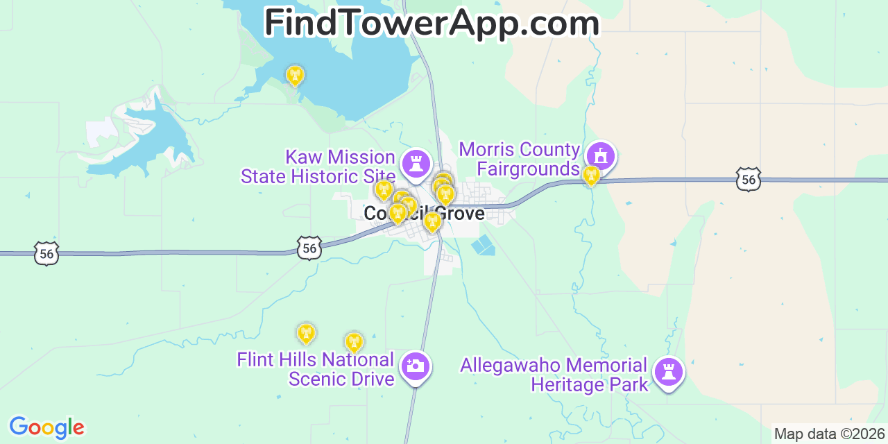 Map showing the 20 primary cell tower locations detected in Council Grove, Kansas from AT&T, Verizon, and T-Mobile networks