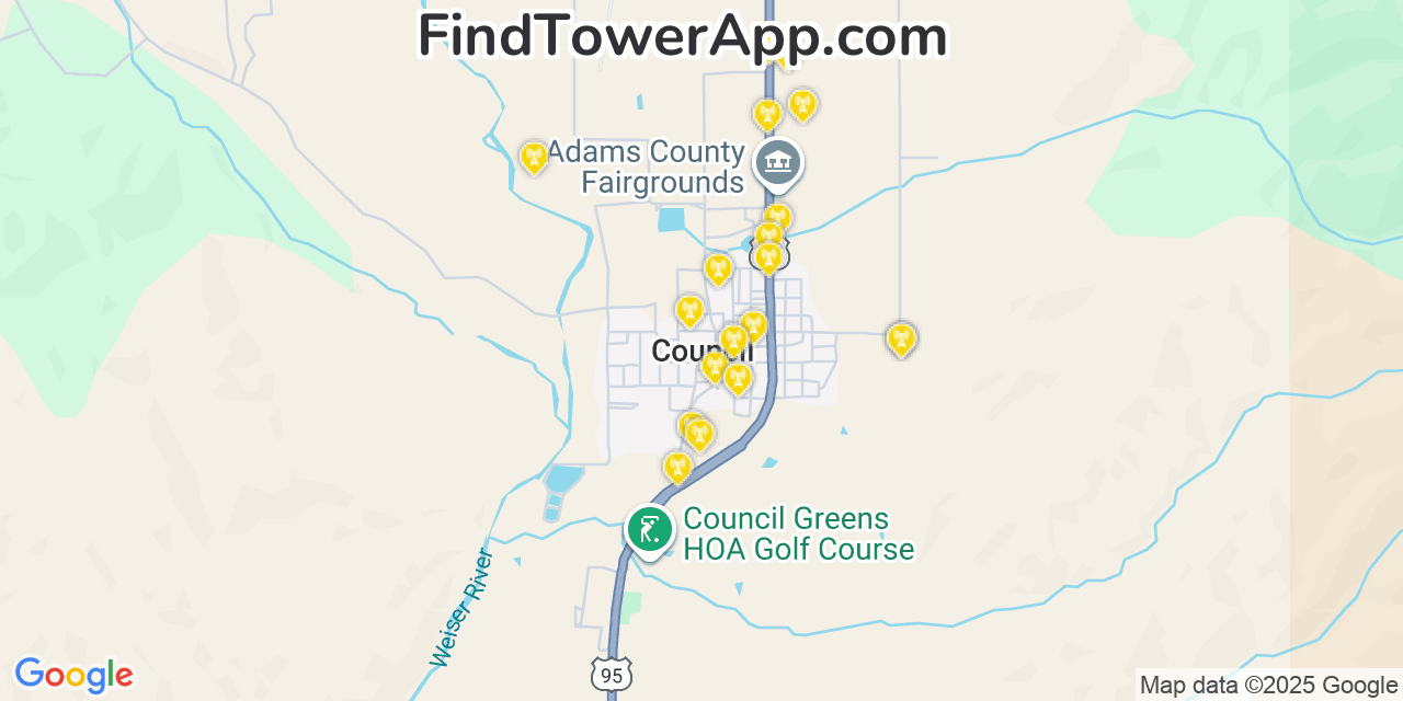Map showing the 20 primary cell tower locations detected in Council, Idaho from AT&T, Verizon, and T-Mobile networks