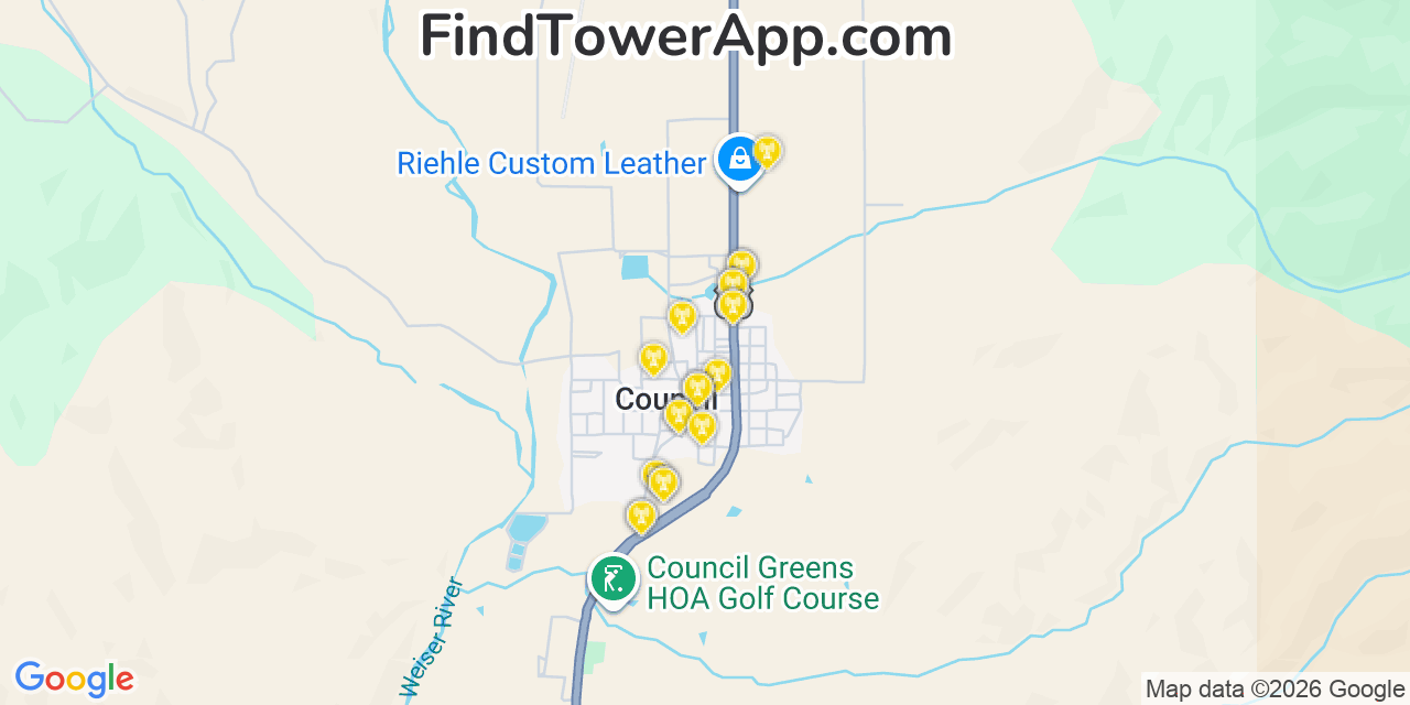 Map showing the 20 primary cell tower locations detected in Council, Idaho from AT&T, Verizon, and T-Mobile networks