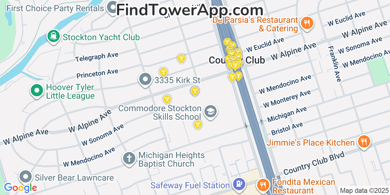 Map showing the 20 primary cell tower locations detected in Country Club, California from AT&T, Verizon, and T-Mobile networks