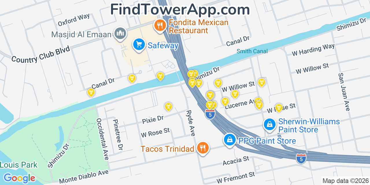 Map showing the 20 primary cell tower locations detected in Country Club, California from AT&T, Verizon, and T-Mobile networks