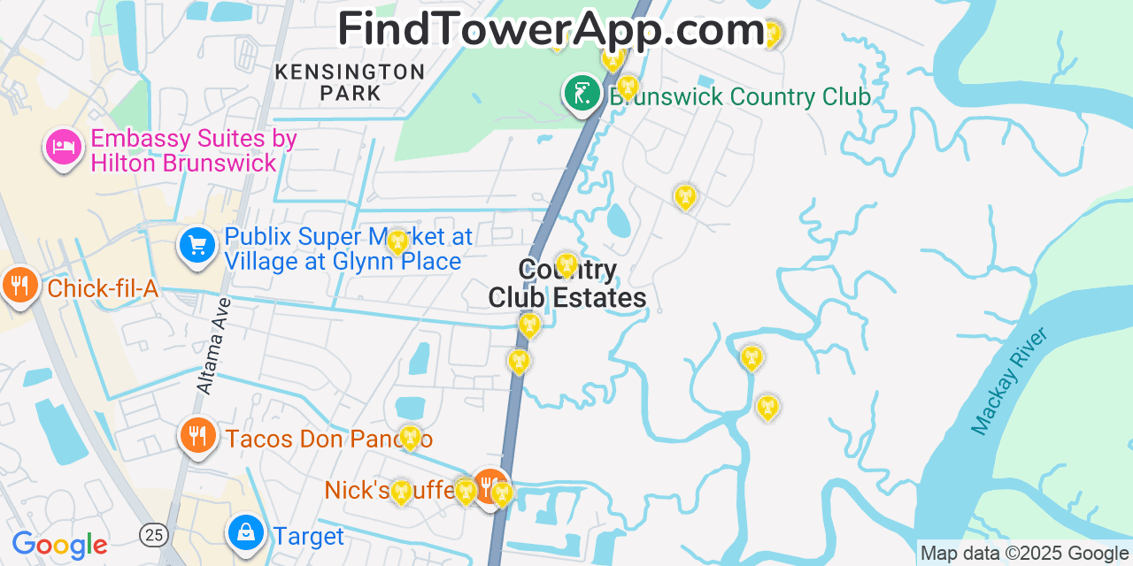 Map showing the 20 primary cell tower locations detected in Country Club Estates, Georgia from AT&T, Verizon, and T-Mobile networks