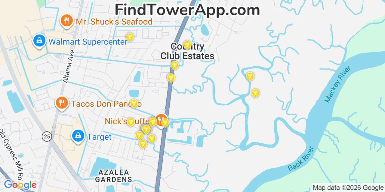 Map showing the 20 primary cell tower locations detected in Country Club Estates, Georgia from AT&T, Verizon, and T-Mobile networks