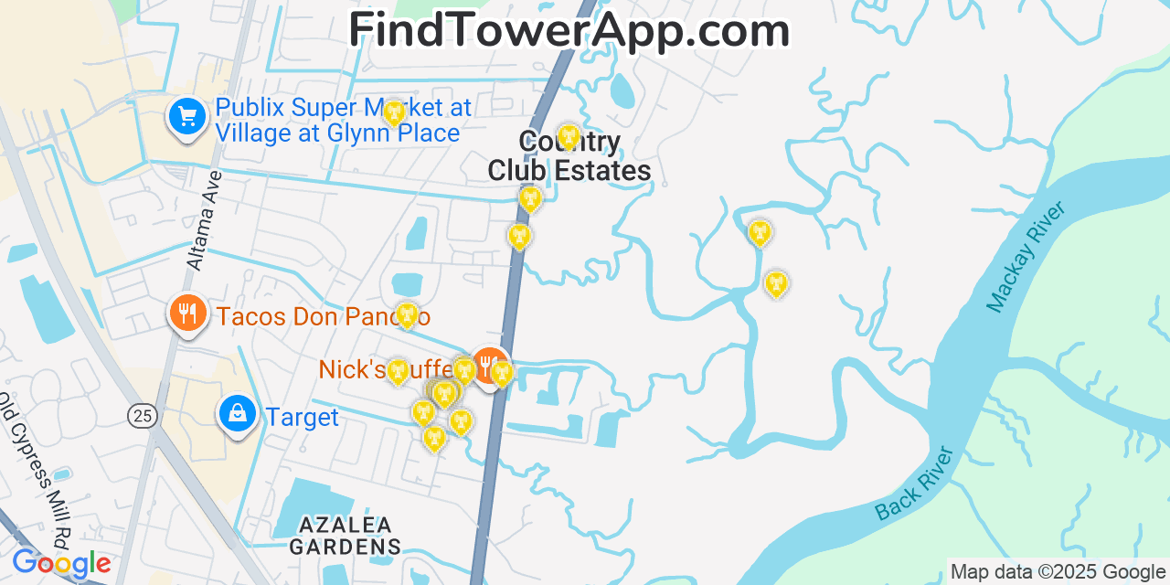 Map showing the 20 primary Mobitel cell tower locations detected in Country Club Estates, Georgia with coverage radius and signal strength indicators