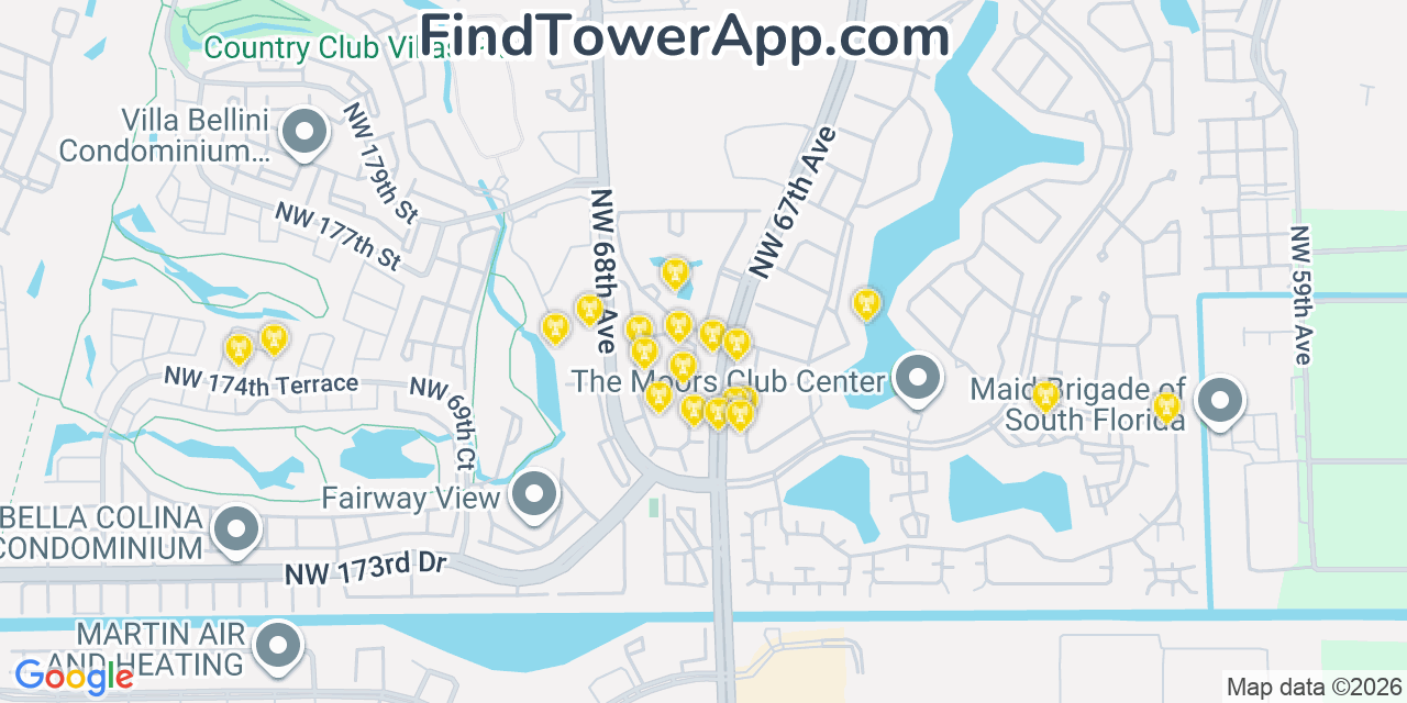 Map showing the 20 primary cell tower locations detected in Country Club, Florida from AT&T, Verizon, and T-Mobile networks