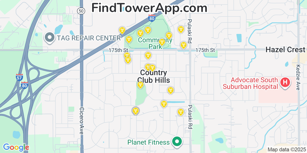 Map showing the 20 primary cell tower locations detected in Country Club Hills, Illinois from AT&T, Verizon, and T-Mobile networks