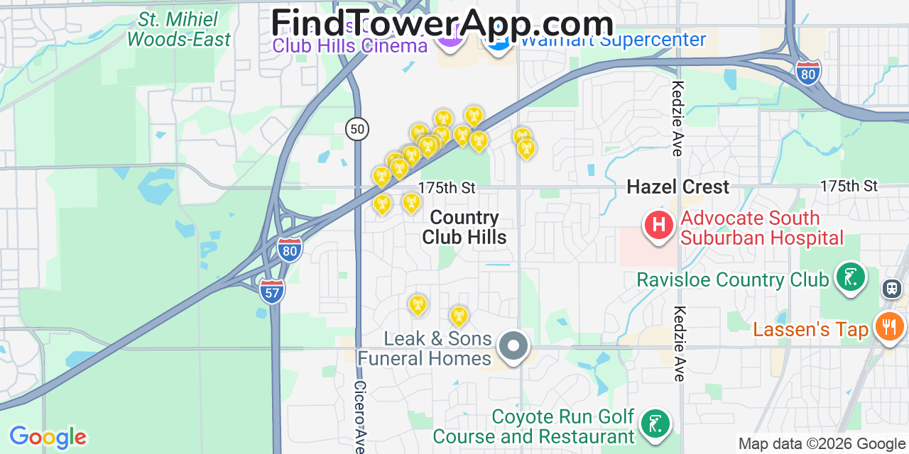 Map showing the 20 primary cell tower locations detected in Country Club Hills, Illinois from AT&T, Verizon, and T-Mobile networks