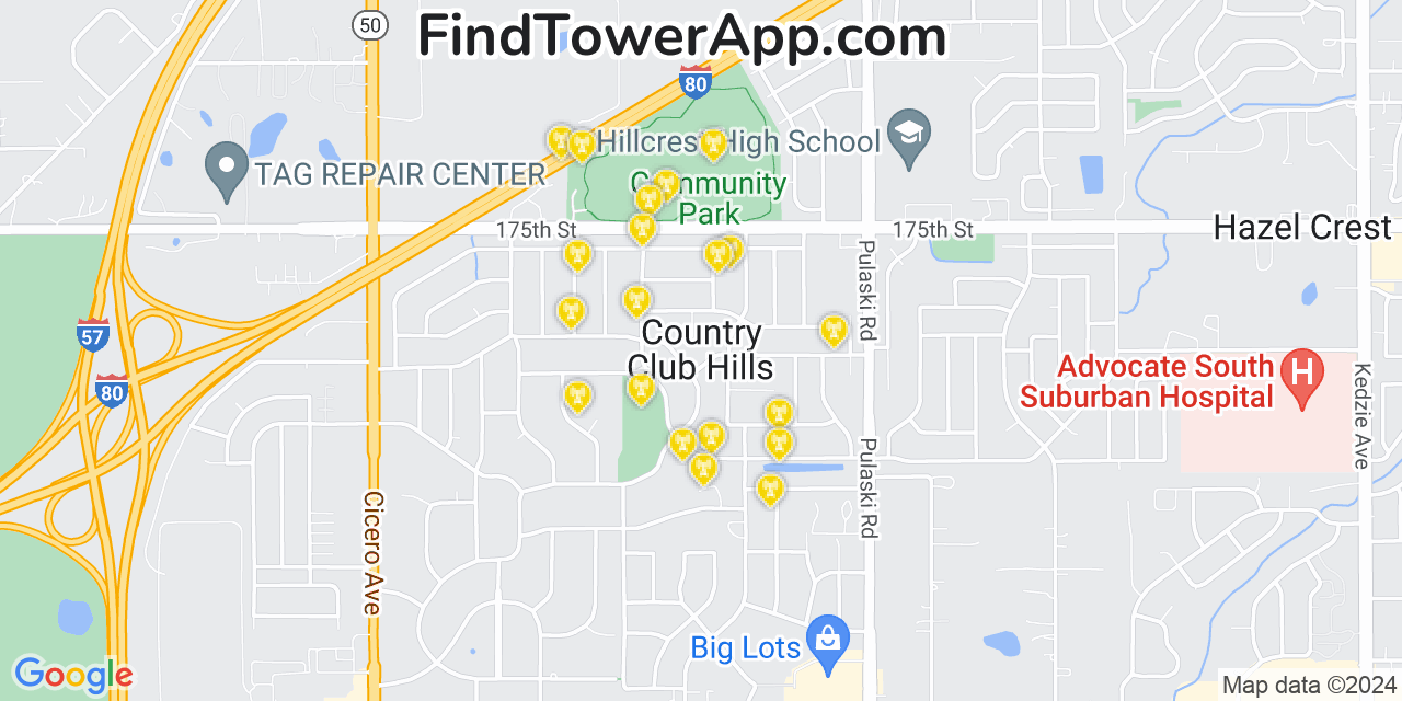 T-Mobile 4G/5G cell tower coverage map Country Club Hills, Illinois