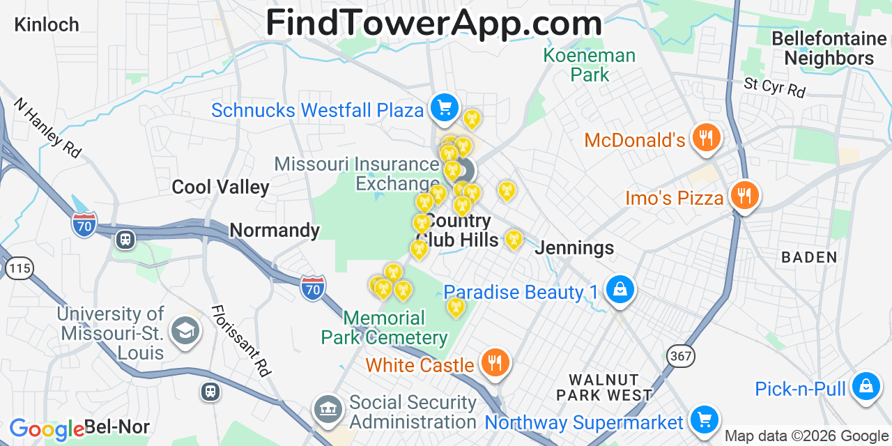 Map showing the 20 primary cell tower locations detected in Country Club Hills, Missouri from AT&T, Verizon, and T-Mobile networks