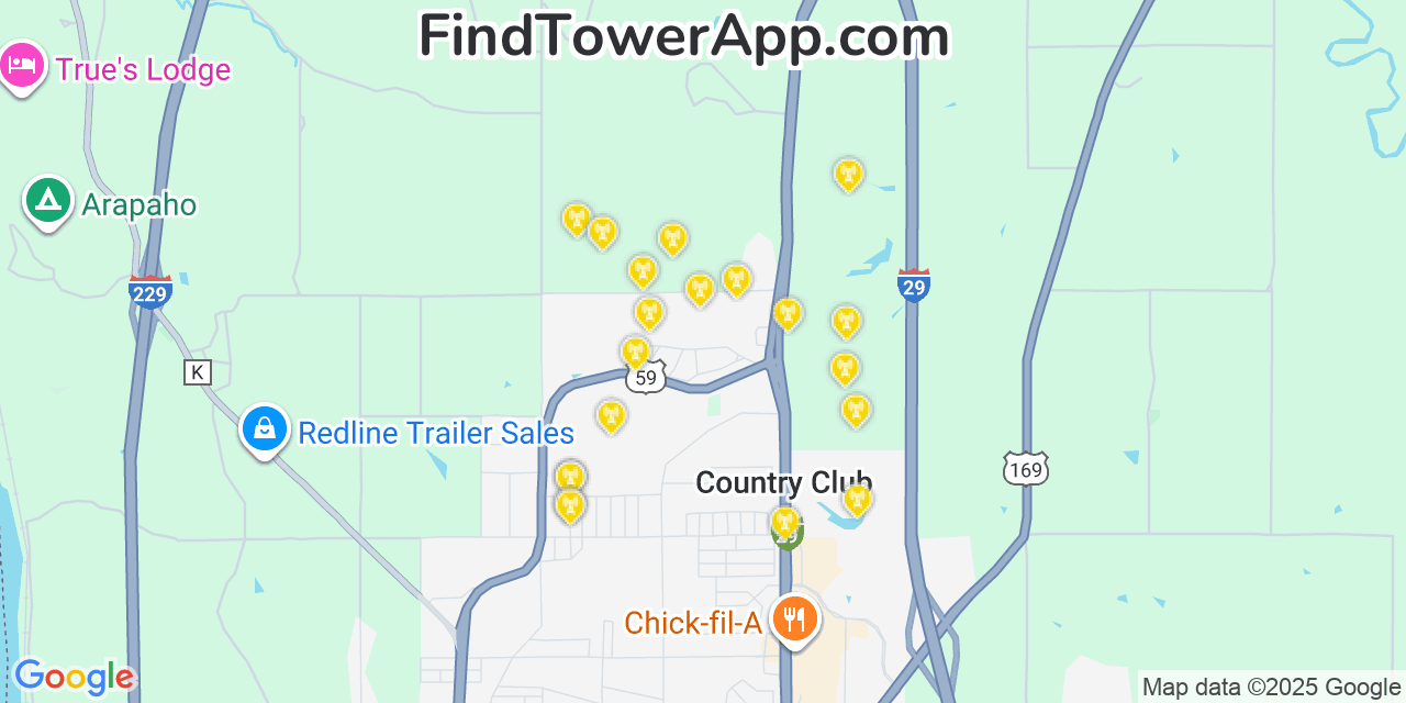 Map showing the 20 primary cell tower locations detected in Country Club Village, Missouri from AT&T, Verizon, and T-Mobile networks