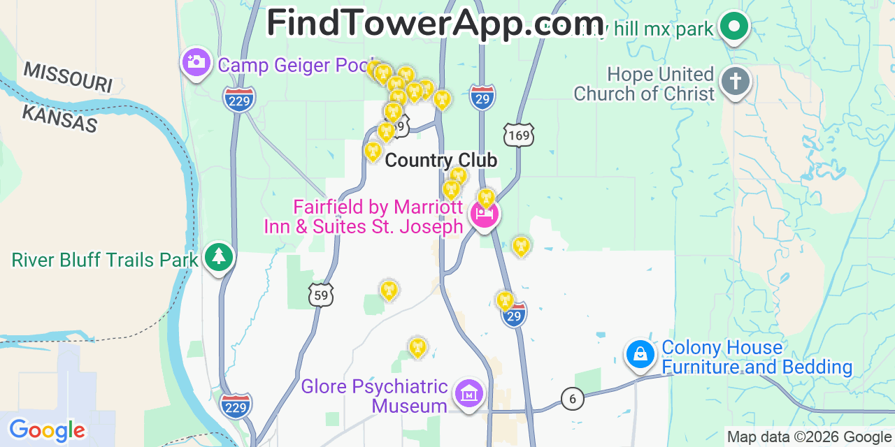 Map showing the 20 primary cell tower locations detected in Country Club Village, Missouri from AT&T, Verizon, and T-Mobile networks