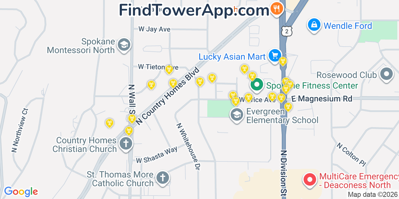 Map showing the 20 primary cell tower locations detected in Country Homes, Washington from AT&T, Verizon, and T-Mobile networks