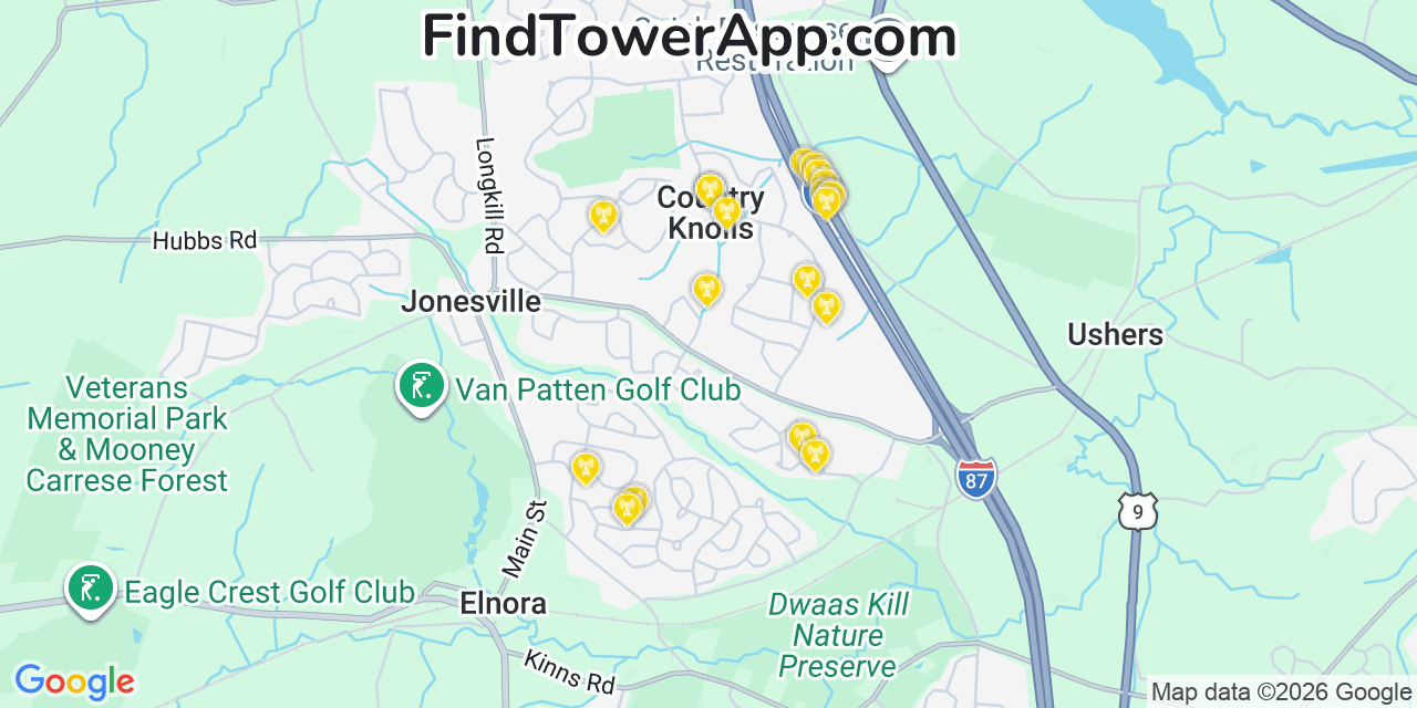 Map showing the 20 primary cell tower locations detected in Country Knolls, New York from AT&T, Verizon, and T-Mobile networks