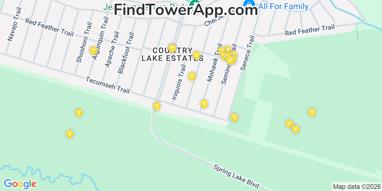 Map showing the 20 primary cell tower locations detected in Country Lake Estates, New Jersey from AT&T, Verizon, and T-Mobile networks