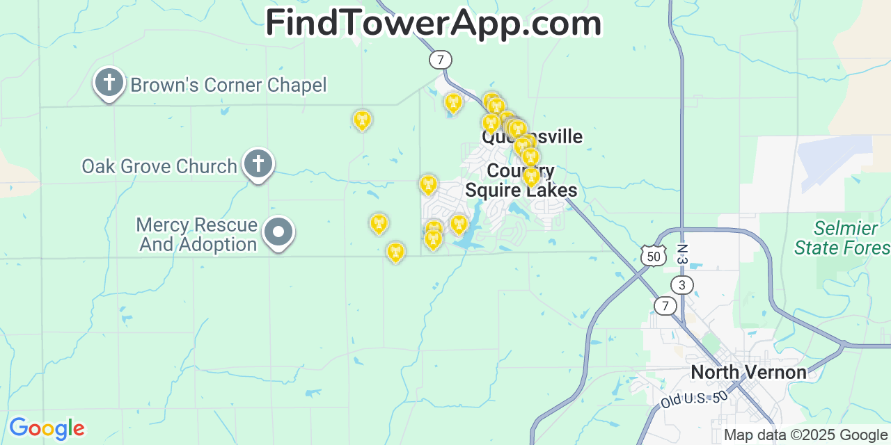 Map showing the 20 primary cell tower locations detected in Country Squire Lakes, Indiana from AT&T, Verizon, and T-Mobile networks