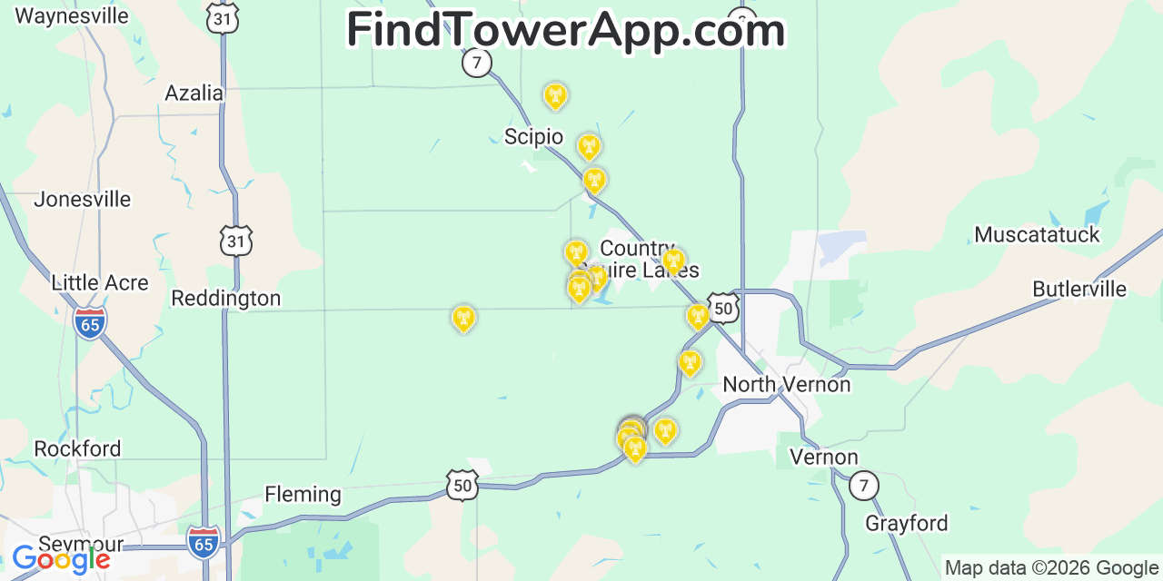 Map showing the 20 primary cell tower locations detected in Country Squire Lakes, Indiana from AT&T, Verizon, and T-Mobile networks