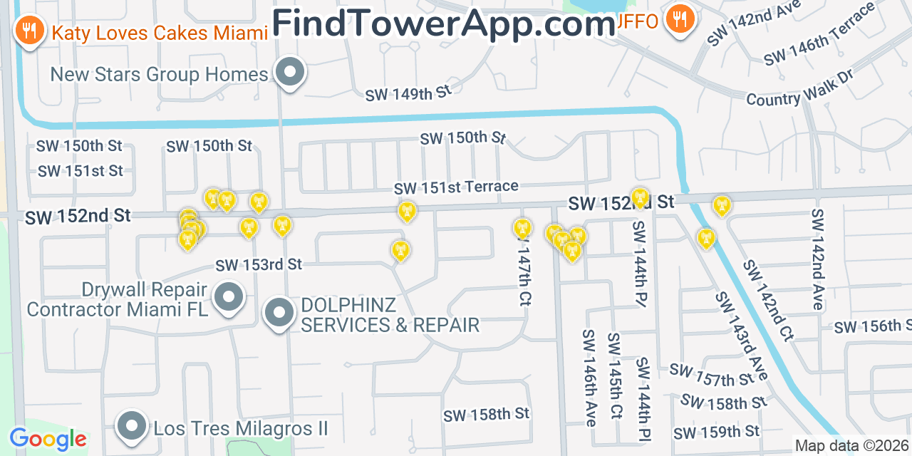 Map showing the 20 primary cell tower locations detected in Country Walk, Florida from AT&T, Verizon, and T-Mobile networks