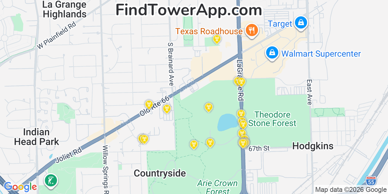 Map showing the 20 primary cell tower locations detected in Countryside, Illinois from AT&T, Verizon, and T-Mobile networks