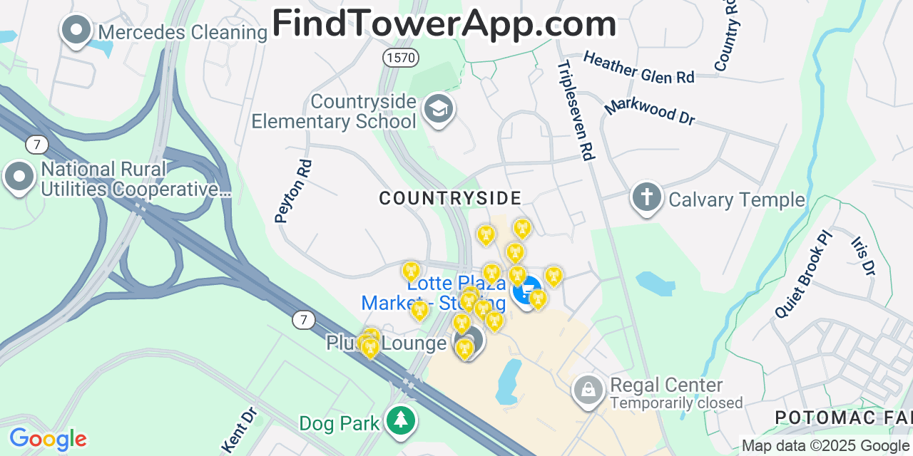 Map showing the 20 primary cell tower locations detected in Countryside, Virginia from AT&T, Verizon, and T-Mobile networks
