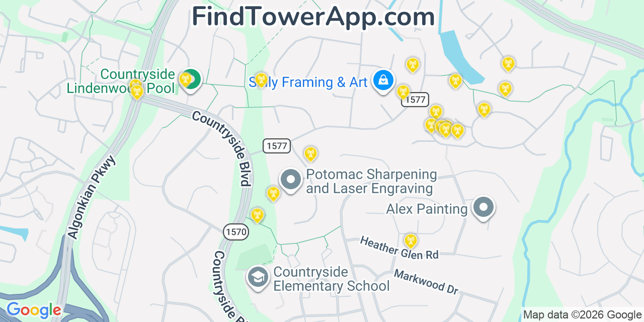 Map showing the 20 primary cell tower locations detected in Countryside, Virginia from AT&T, Verizon, and T-Mobile networks